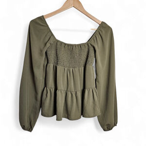 Lyn Burches Women's Olive Green Smocked Tiered Peplum Long Sleeve Y2K Top Sz XS
